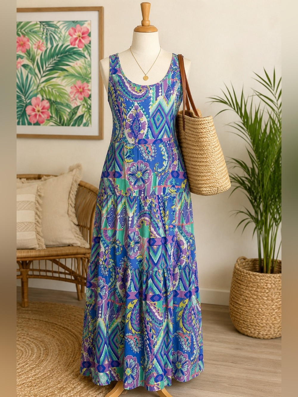 Source Unknown Blue & Purple Patterned Maxi Dress